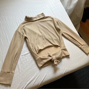 House of Sunny tan rib knit cutout tie front long sleeve pullover sweater top